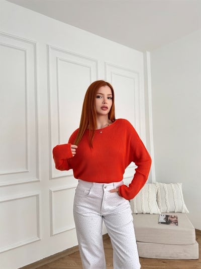 Kayık Yaka Oversize Triko Oranj