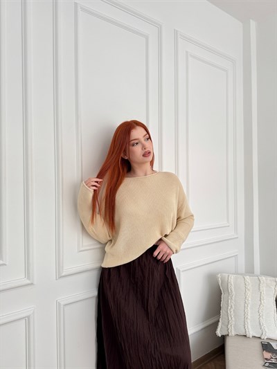 Kayık Yaka Oversize Triko Taş