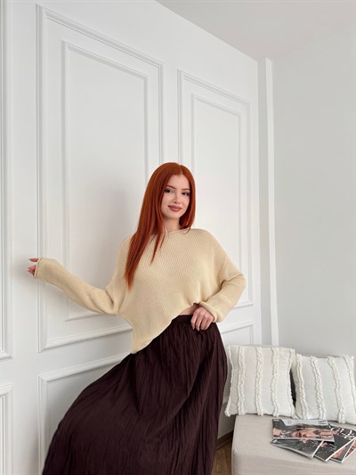 Kayık Yaka Oversize Triko Taş