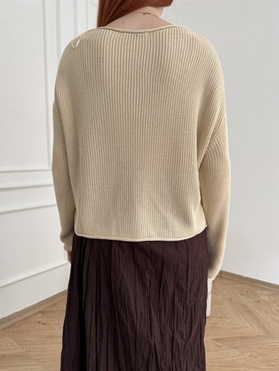 Kayık Yaka Oversize Triko Taş