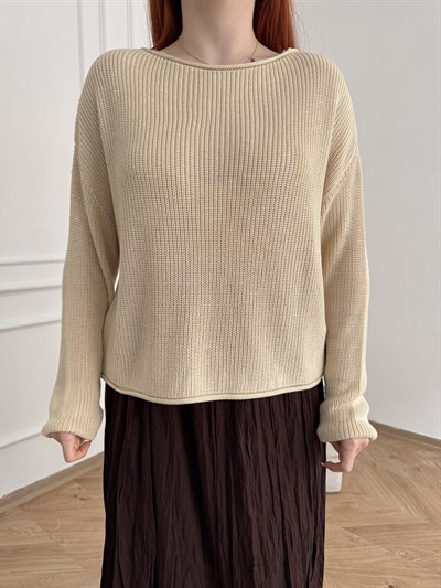 Kayık Yaka Oversize Triko Taş