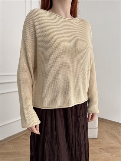 Kayık Yaka Oversize Triko Taş