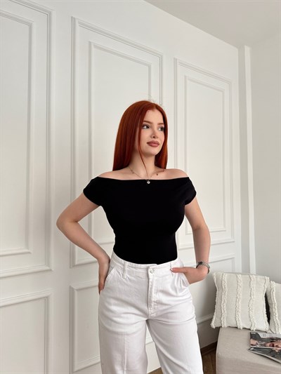 Kayık Yaka Penye Badi Siyah