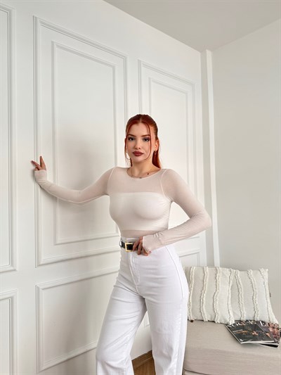 Kayık Yaka Penye Bluz Ekru