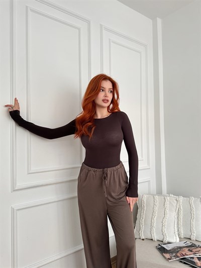 Kayık Yaka Penye Bluz Koyu kahve
