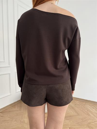 Kayık Yaka Basic Sweatshirt Kahve