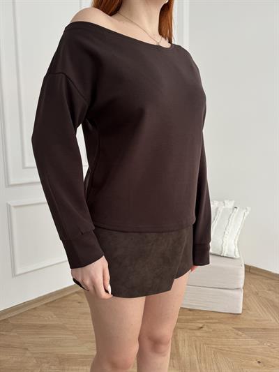 Kayık Yaka Basic Sweatshirt Kahve