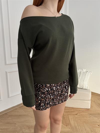 Kayık Yaka Basic Sweatshirt Koyu yeşil