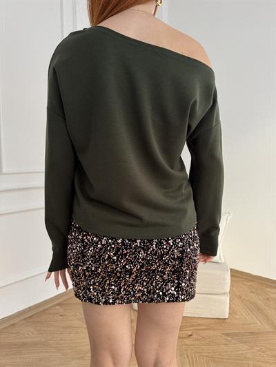 Kayık Yaka Basic Sweatshirt Koyu yeşil