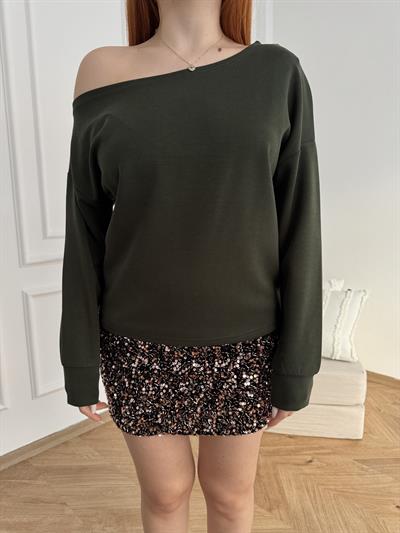 Kayık Yaka Basic Sweatshirt Koyu yeşil