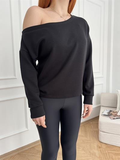 Kayık Yaka Basic Sweatshirt Siyah