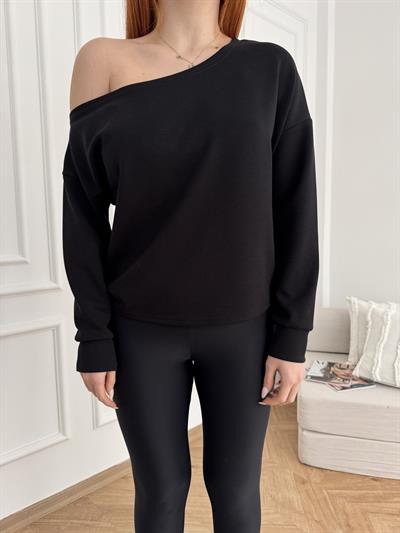 Kayık Yaka Basic Sweatshirt Siyah