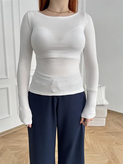 Kayık Yaka Uzun Kol Penye Badi Ekru