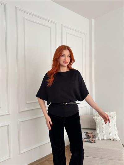 Yarasa Kol Kemerli Triko Siyah