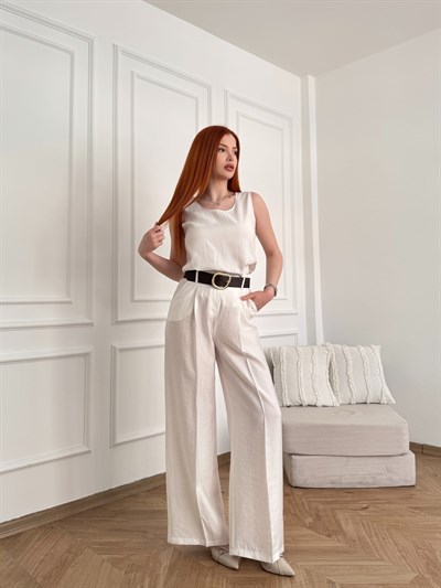 Kemer Detaylı Pantolon Ekru