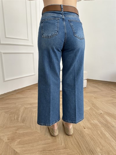 Kemerli Bilek Boy Jean Pantolon Mavi