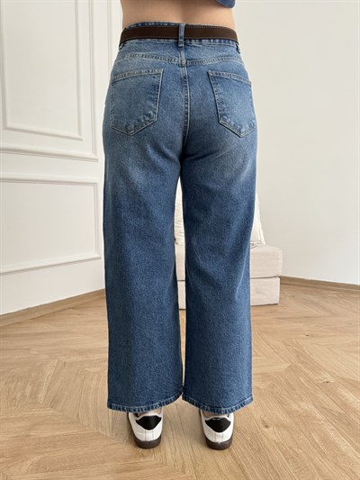 Kemerli Bilekte Jean Pantolon Mavi