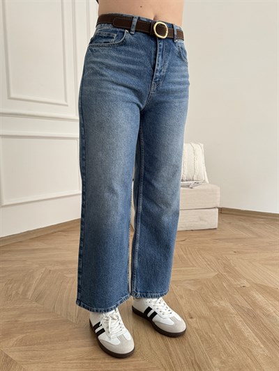 Kemerli Bilekte Jean Pantolon Mavi