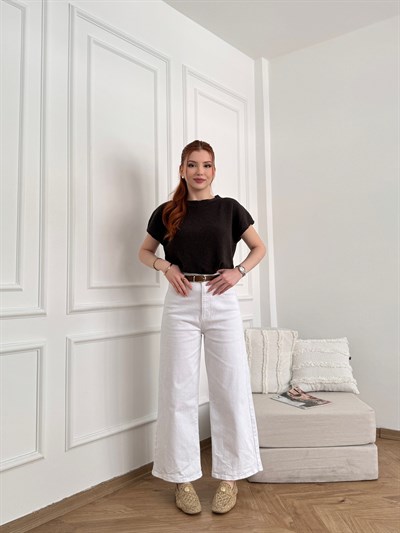 Kemerli Bol Paça Cepsiz Pantolon Beyaz