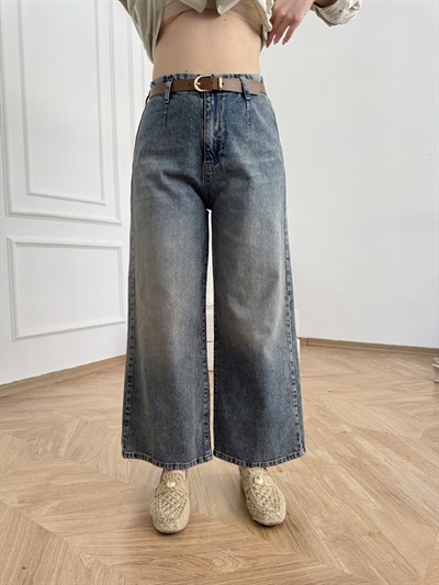Kemerli Bol Paça Cepsiz Pantolon Tint