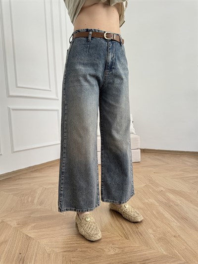 Kemerli Bol Paça Cepsiz Pantolon Tint