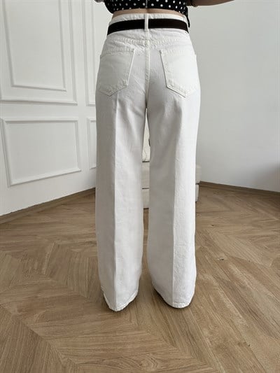 Kemerli Bol Paça Jean Pantolon Beyaz