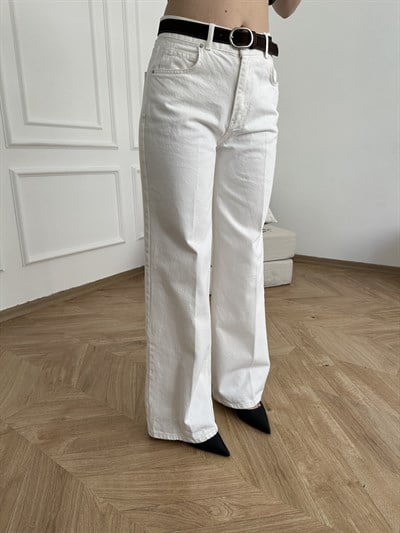 Kemerli Bol Paça Jean Pantolon Beyaz