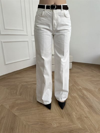 Kemerli Bol Paça Jean Pantolon Beyaz