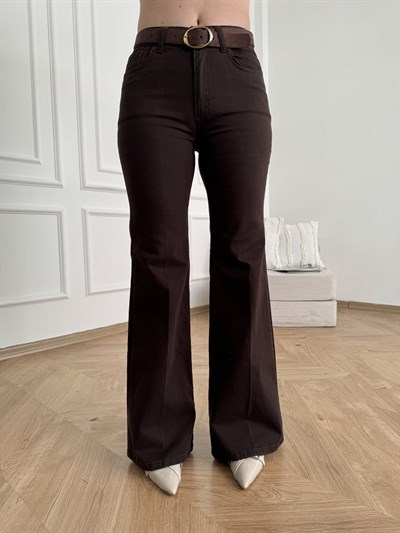 Kemerli Bol Paça Pantolon Kahve