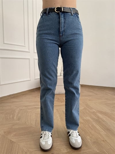 Kemerli Boru Paça Pantolon Koyu mavi