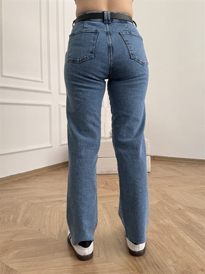 Kemerli Boru Paça Pantolon Koyu mavi