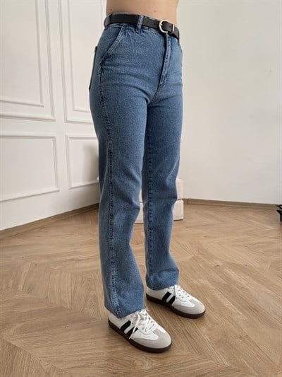 Kemerli Boru Paça Pantolon Koyu mavi