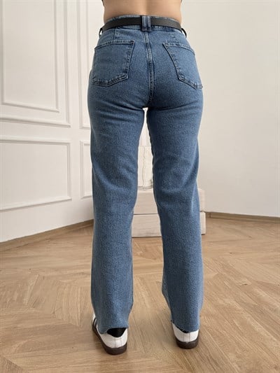 Kemerli Boru Paça Pantolon Koyu mavi