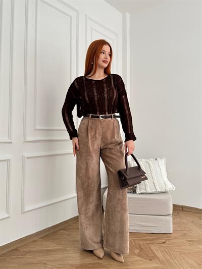 Kemerli Kadife Pantolon Camel