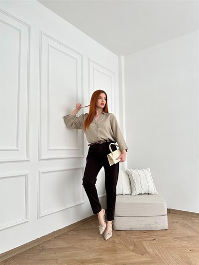 Kemerli Gabardin Pantolon Acı kahve