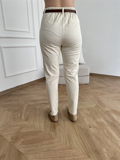 Kemerli Gabardin Pantolon Ekru