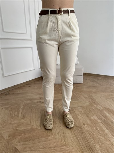 Kemerli Gabardin Pantolon Ekru