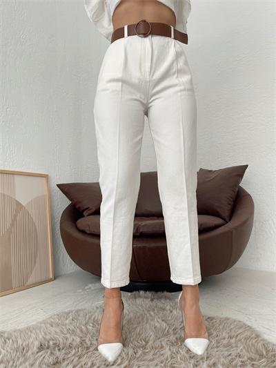 Kemerli Gabardin Pantolon Ekru