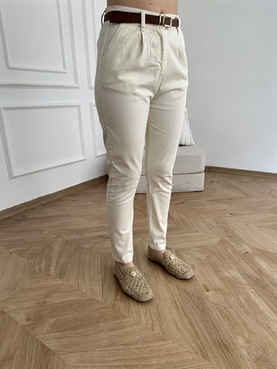 Kemerli Gabardin Pantolon Ekru