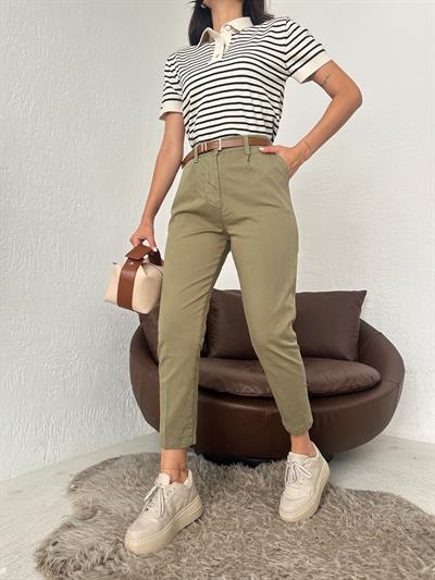 Kemerli Gabardin Pantolon Haki