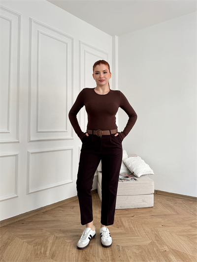 Kemerli Gabardin Pantolon Koyu kahve
