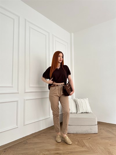 Kemerli Gabardin Pantolon Vizon