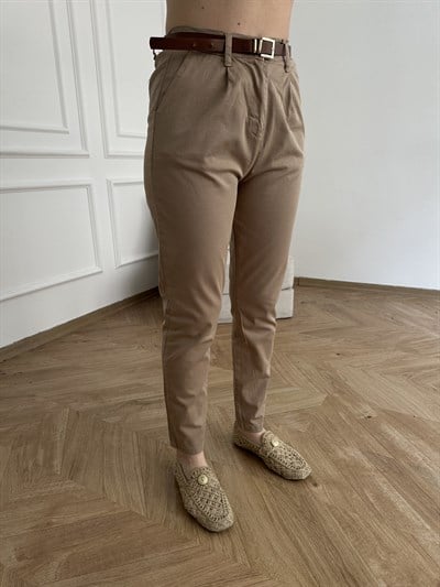 Kemerli Gabardin Pantolon Vizon