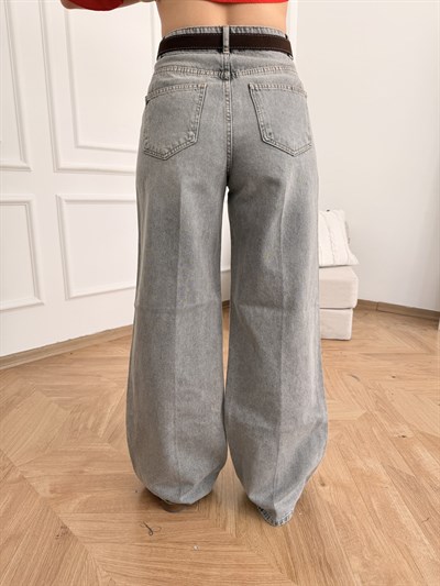 Kemerli Geniş Paça Pantolon Gri