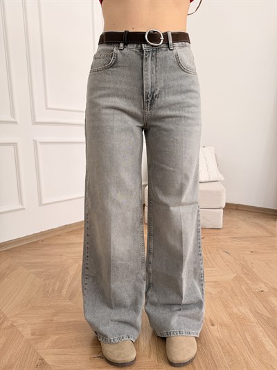 Kemerli Geniş Paça Pantolon Gri