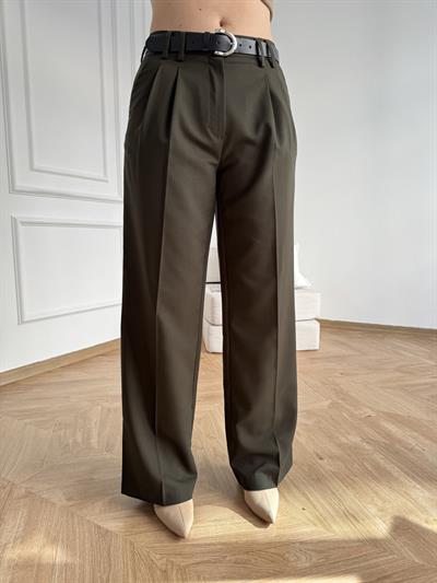 Kemerli Geniş Paça Pantolon Haki