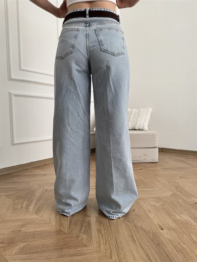 Kemerli Geniş Paça Pantolon Mavi