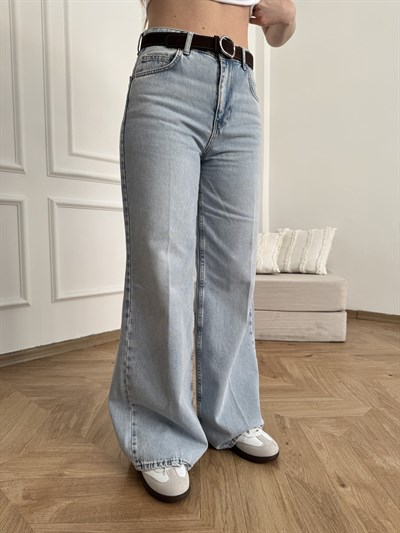 Kemerli Geniş Paça Pantolon Mavi