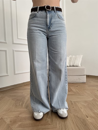 Kemerli Geniş Paça Pantolon Mavi