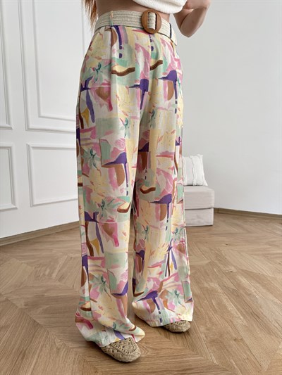 Kemerli Karışık Desen Bol Paça Pantolon Pembe